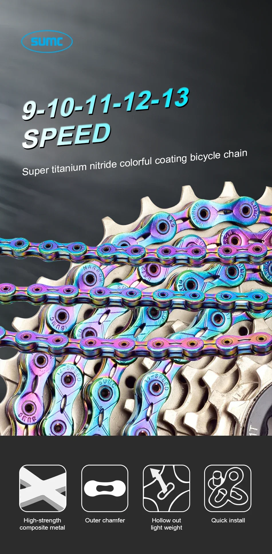 SUMC Fahrradkette 9/10/11/12-fach 116/126L Rainbow-Serie Hohlkette für Rennrad MTB Missinglink Kompatibel mit SRAM Shimano – Detail 2