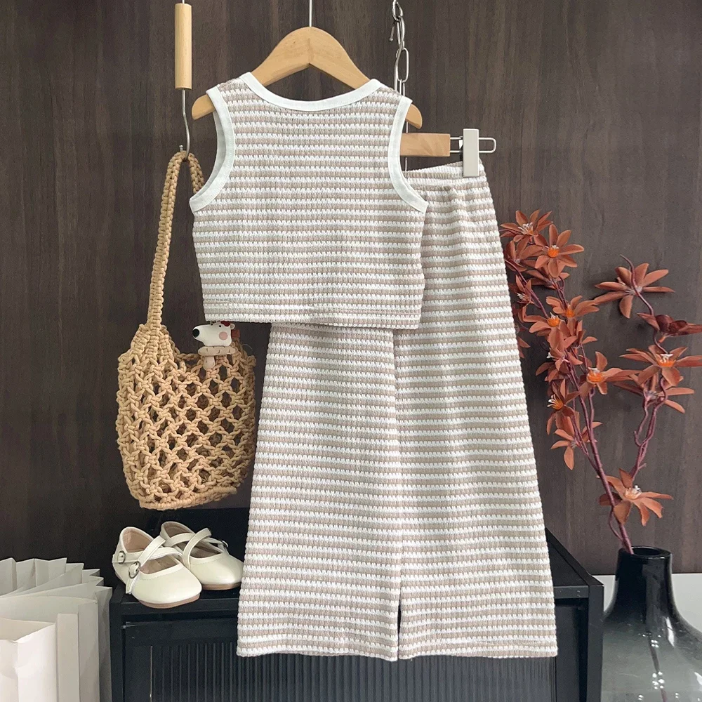 Modische und Schlichte Gestreifte Mädchenkleidung Sommer Kinderkleidung Schleifendekoration Ärmelloses Oberteil + Hose – Detail 10