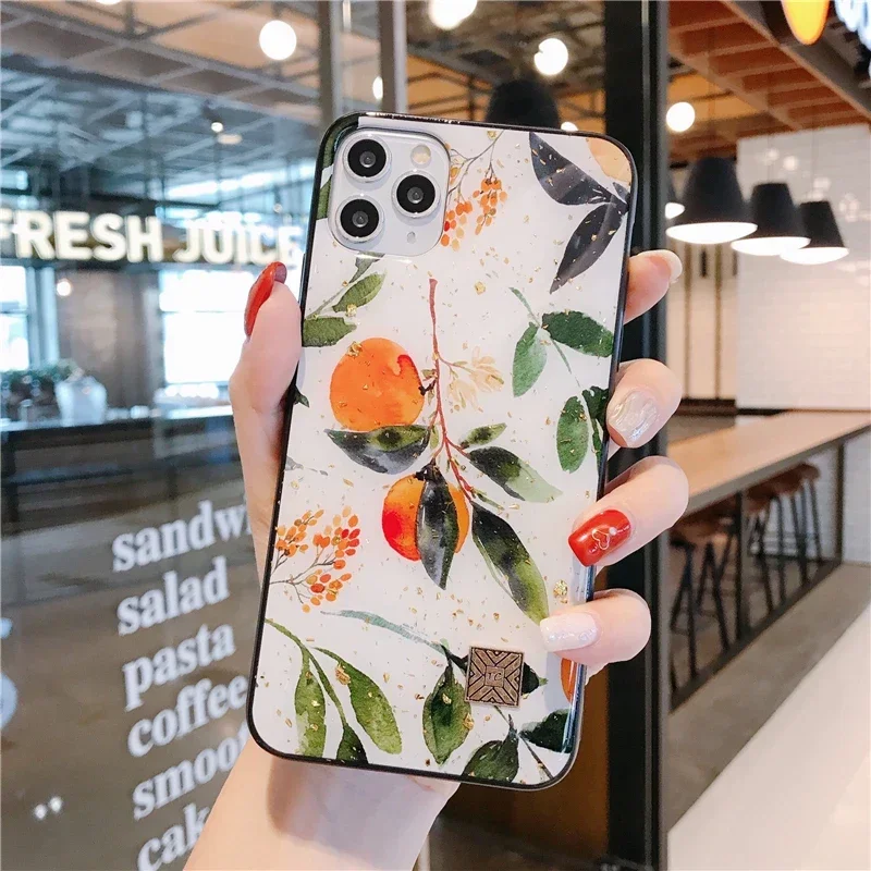 Luxury Gold Foil Silicone Phone Case For iPhone 16 15 14 13 12 11 Pro Max Plus Glitter Painting Fruit Orange Shockproof Cover