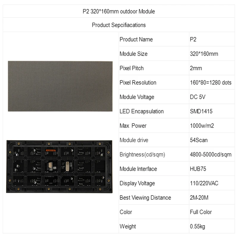 P2 Outdoor LED Module Matrix Panels 320*160mm Full Color GOB Process SMD1415 3860Hz Refresh for Signage And Display