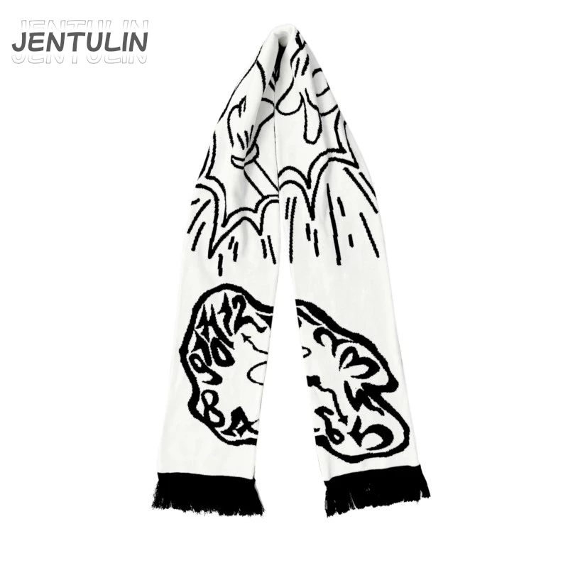 

Y2K personality Rock Paper Scissors pattern knitted men's Street winter warm scarf two-sided Black Goth tassel Kpop Star Scarf
