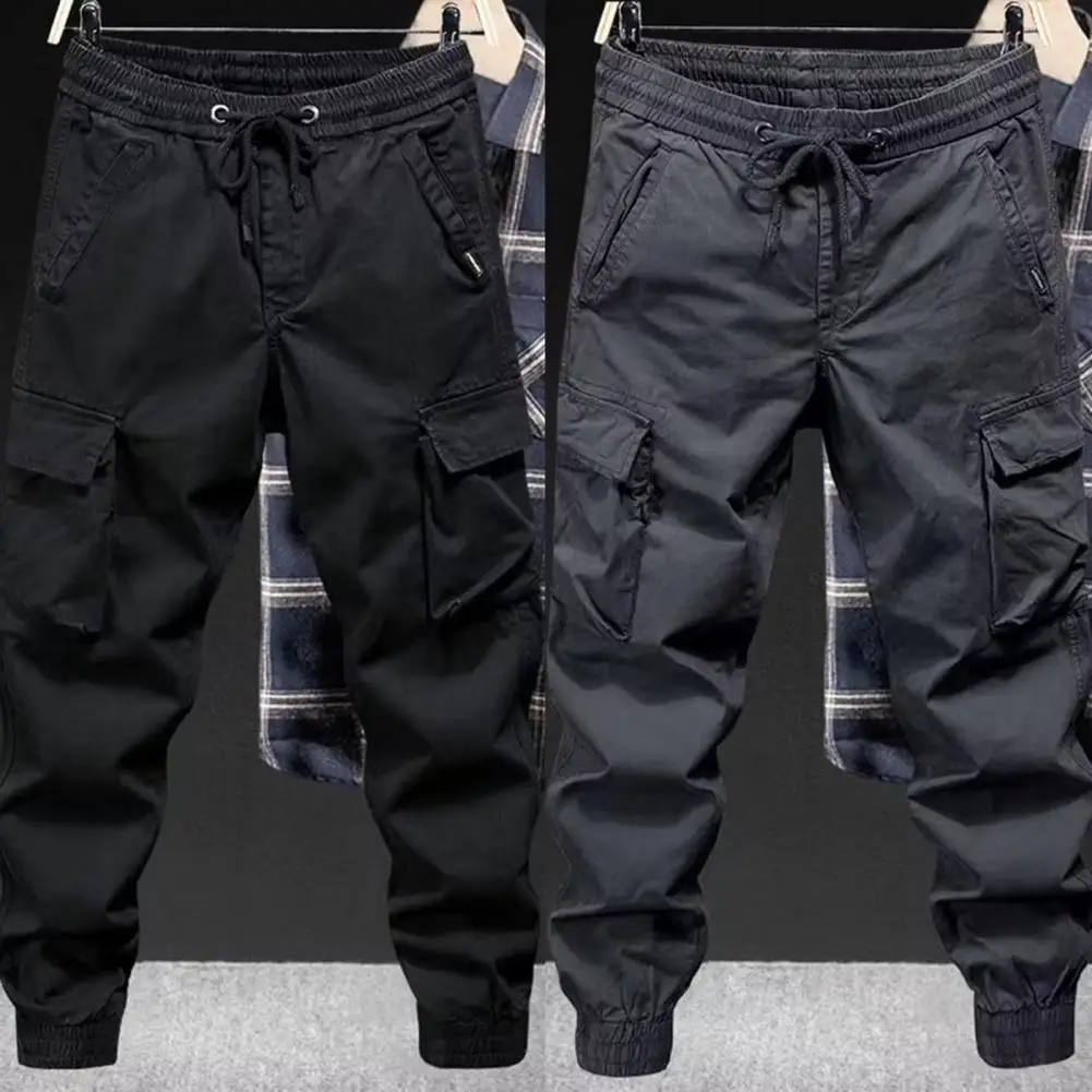 Multi-pocket Overalls Men\'s Cargo Pants with Drawstring Waist Multiple Pockets Ankle-banded Design for Daily Sports Streetwear