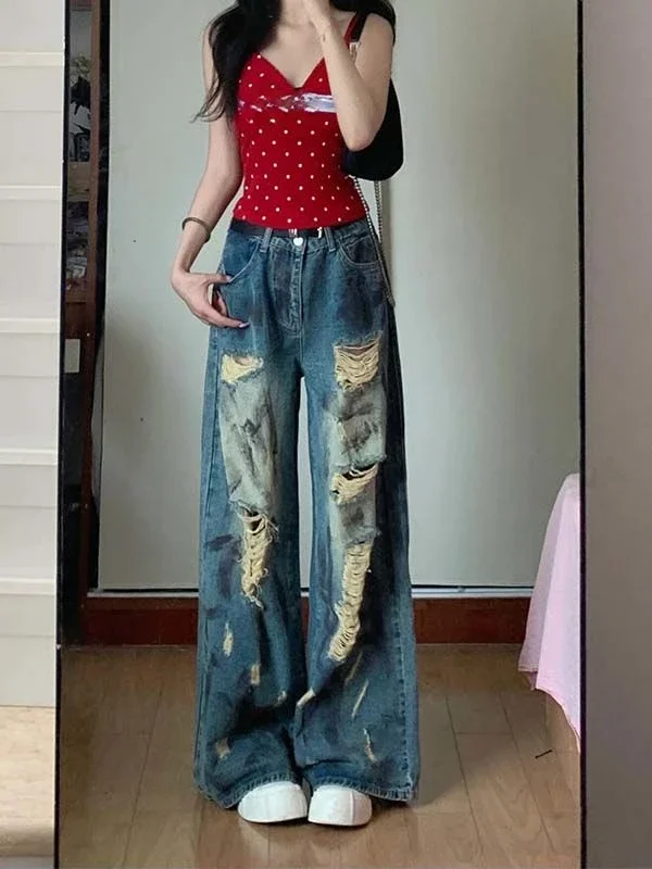 

Straight Leg Ripped Hole Graffiti Print Jeans Harajuku Denim Pant Plus Size boyfriend korean cloth y2k 2024 fairycore 00s grunge