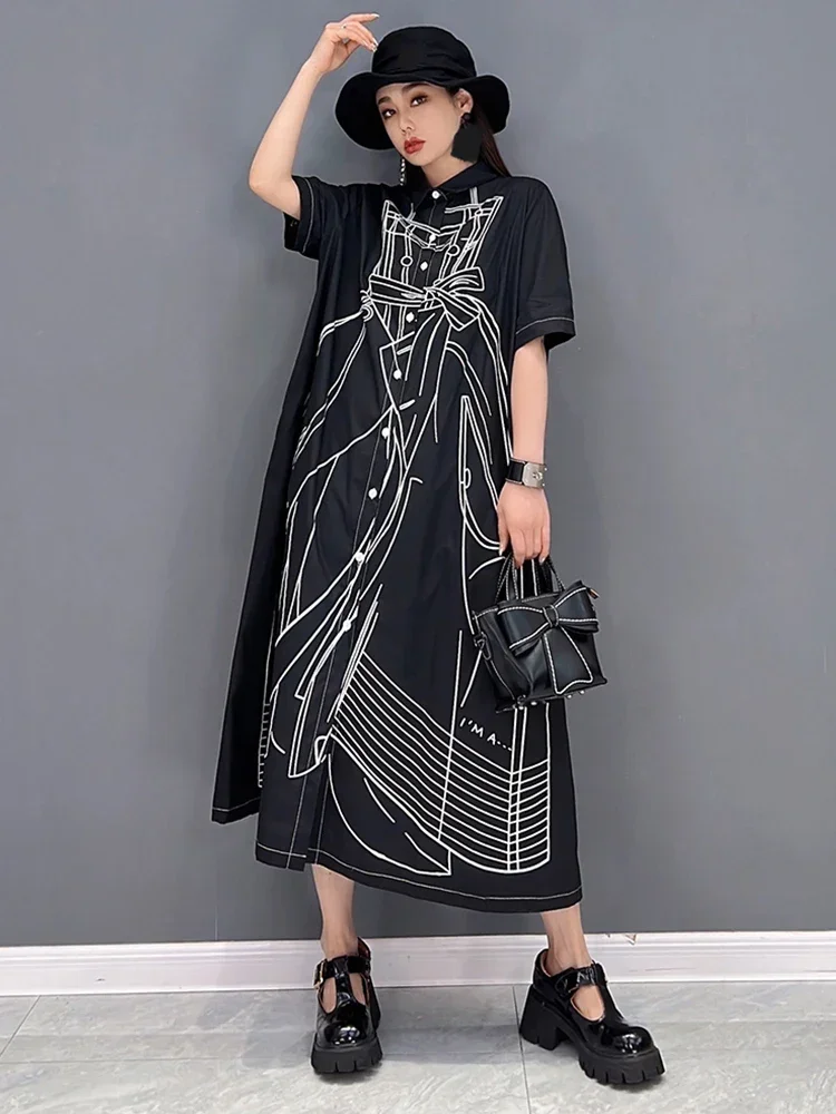 XITAO Single Breasted Dress Women Korea 2024 Summer New Personality Fashion Loose Turn-down Collar Short Sleeve Dress WMD6212