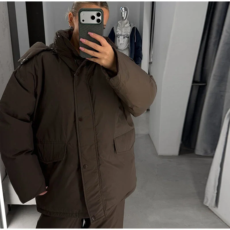 Damen-Winterhosen-Sets, Kapuzenjacken mit langen Ärmeln und Reißverschluss, übergroße, wattierte Jacken, Hosen mit weitem Bein, Herbst-Outfits für Damen, einfarbig, locker geschnitten. – Detail 11