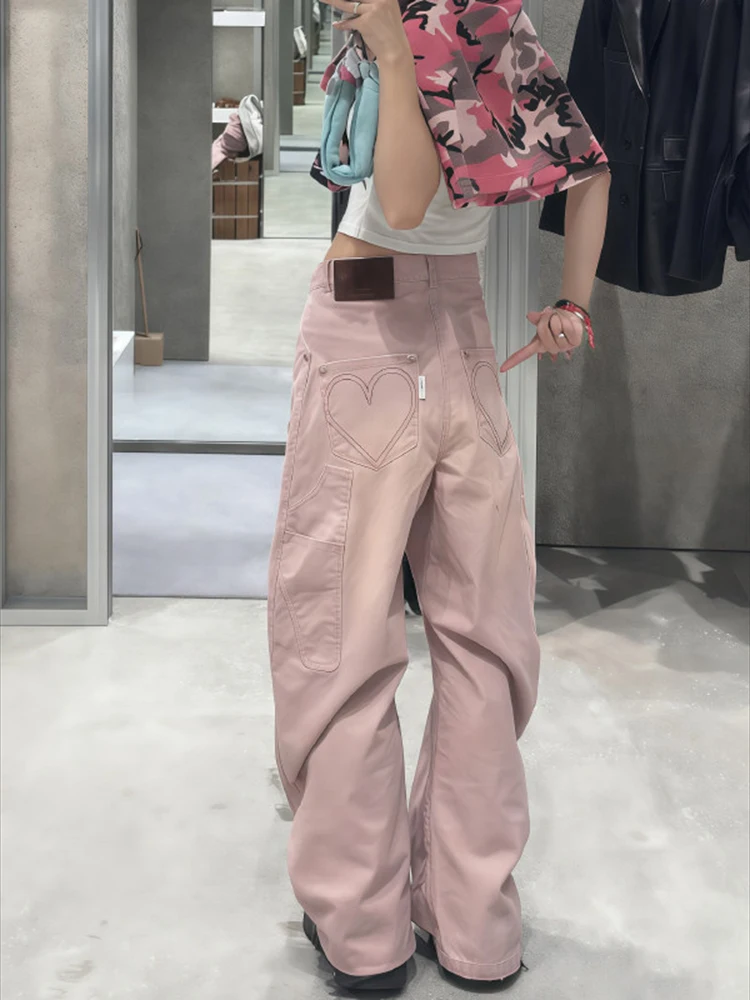 

Pink cargo jeans autumn and winter women loose and niche fashion heart-shaped embroidery design straight leg pants