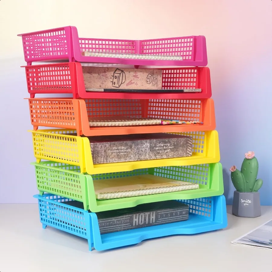 ZZYFGH Confezione da 6 vassoi per insegnanti Organizzatori di carta in plastica per aula Cestini portaoggetti colorati per ufficio impilabili Des
