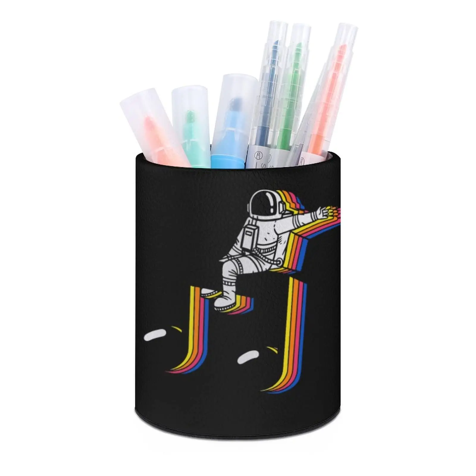 Astronaut Painted Universe Round Pen Holder PU Leather Pencil Cup Pen Stand Makeup Brush Holder Pen Organizer for Office Home