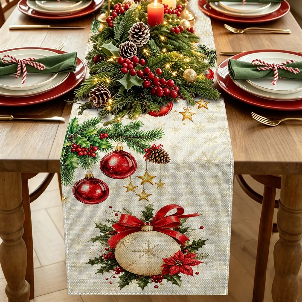 Red Bow Pine Branch Pattern Table Runner for Christmas Dresser Scarves Winter Holiday Decoration Farmhouse Kitchen Dining Decor