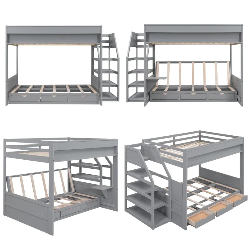 Wood bed Full Size Convertible Bunk Bed with Storage Staircase, Bedside Table, and 3 Drawers, Suitable for Bedrooms, Gray/White