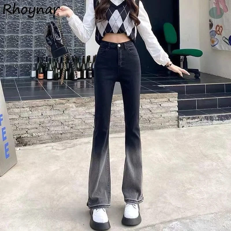 

Flare Jeans Women Panelled Gradient Slim Vintage Cool Streetwear Retro Preppy Young Vacation Basic Design All-match Chic Ulzzang