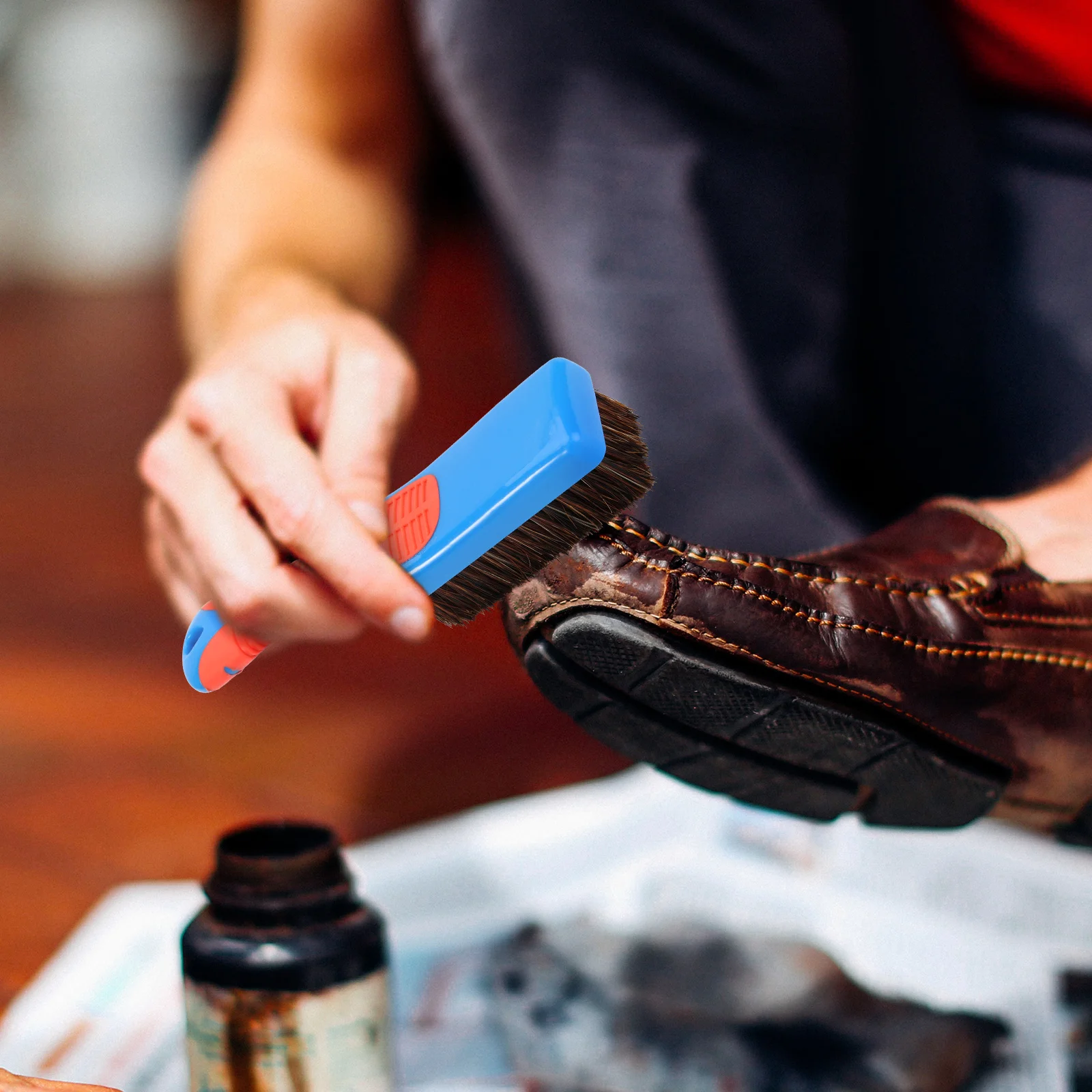 Pig Bristles Brush Silicone Handle Fine Craftsmanship Durable Shoe Polish Care Cleaning Tool Bristles Brush