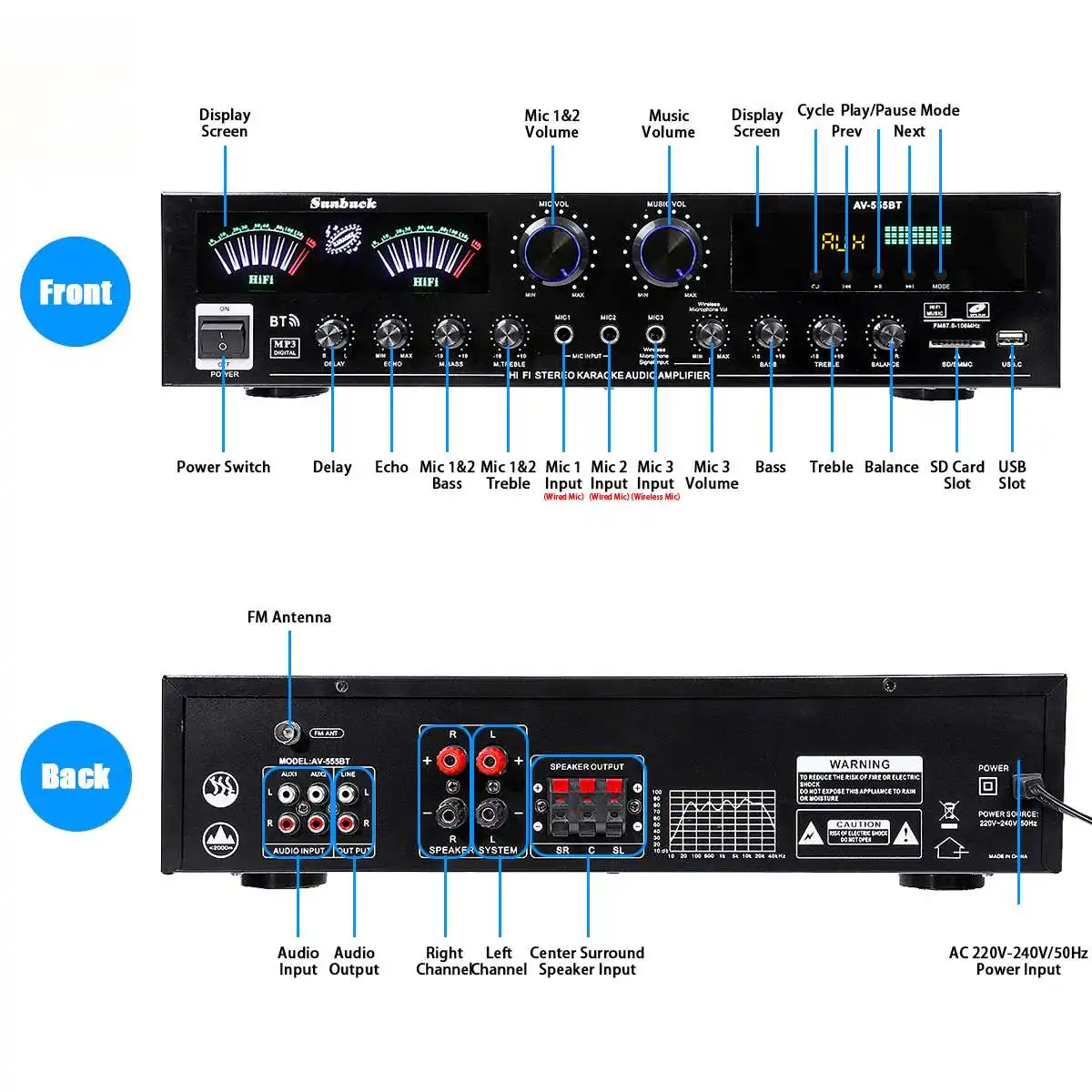 AV555BT 4000W 220V 110V Bluetooth5.0 Audio Eindversterker Home Theater Versterkers Amplificador Audio Fm Usb Sd 3Mic met Afstandsbediening