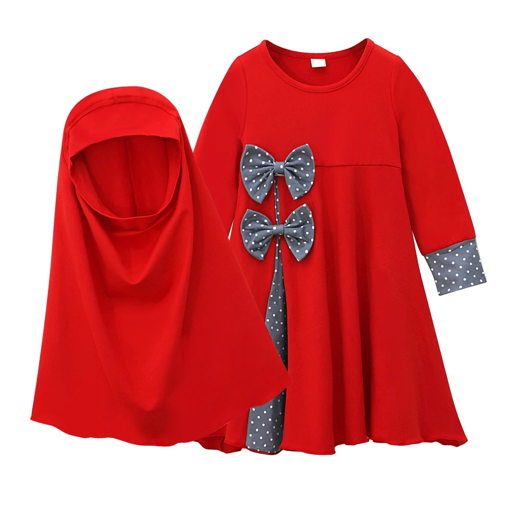 Girls and children in spring and autumn Muslim long-sleeved round neck solid color bow dress+headscarf 2-piece children's wear