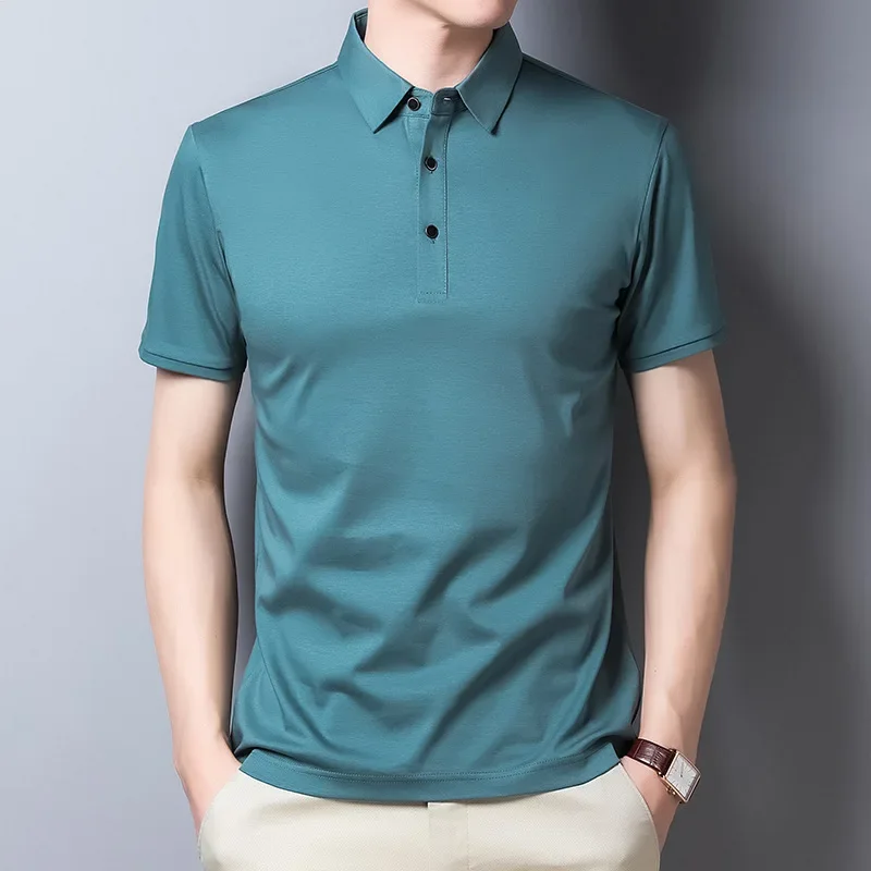 Summer Middle-aged Men's Polo Shirt Double Cotton Short-sleeved T-shirt Solid Color Slim Korean Men's T-shirt