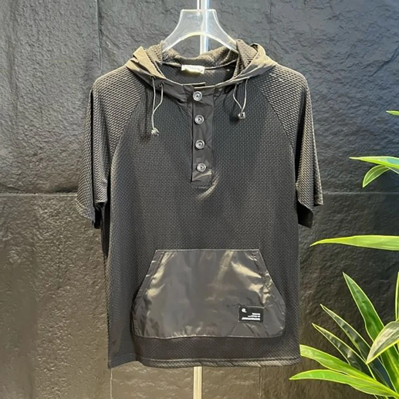 Summer Short Sleeve Men Hooded Drawstring T Shirt Buttons Pocket Fashion Casual All-match Soft Breathable 2xl Oversized Clothing