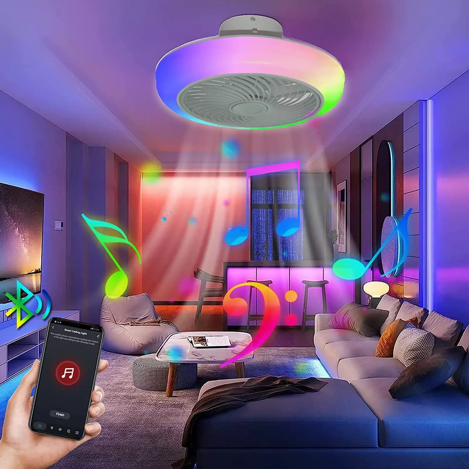 Imagem -04 - Ventilador de Teto Conduzido com Controlo a Distância 46cm Luz do Rgb Luz Esperta Orador do Bluetooth Iluminação Home Sala de Visitas