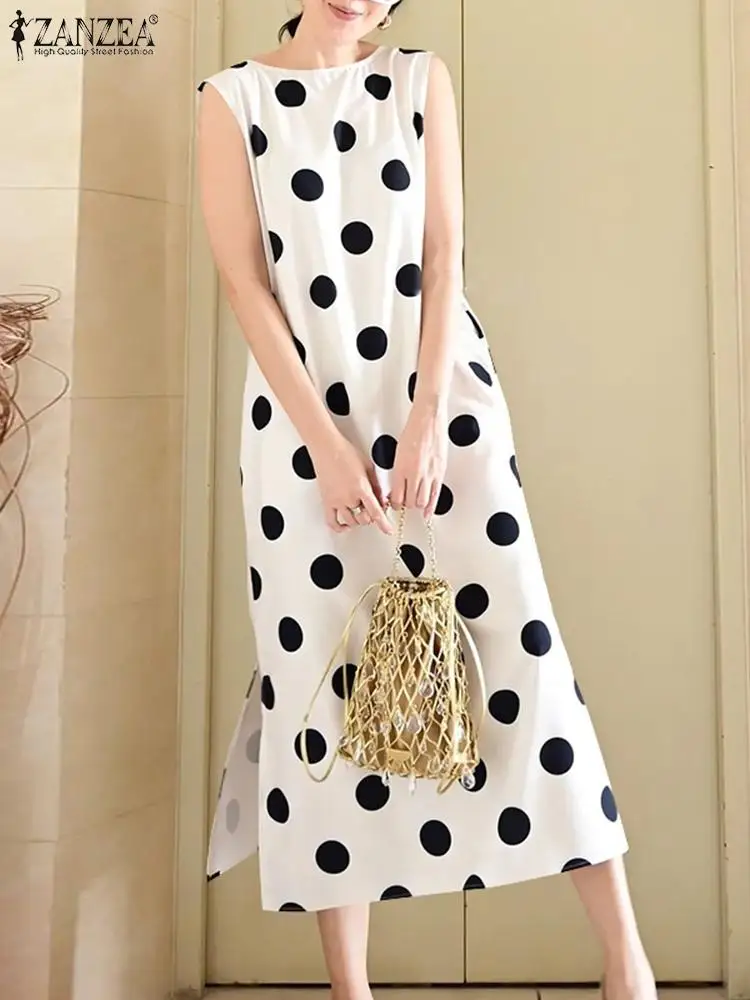 

Casual Sleeveless Tank Long Dress Korean Women Dots Print Robe ZANZEA 2024 Autumn Loose O-neck Vestidos Fashion Holiday Dresses