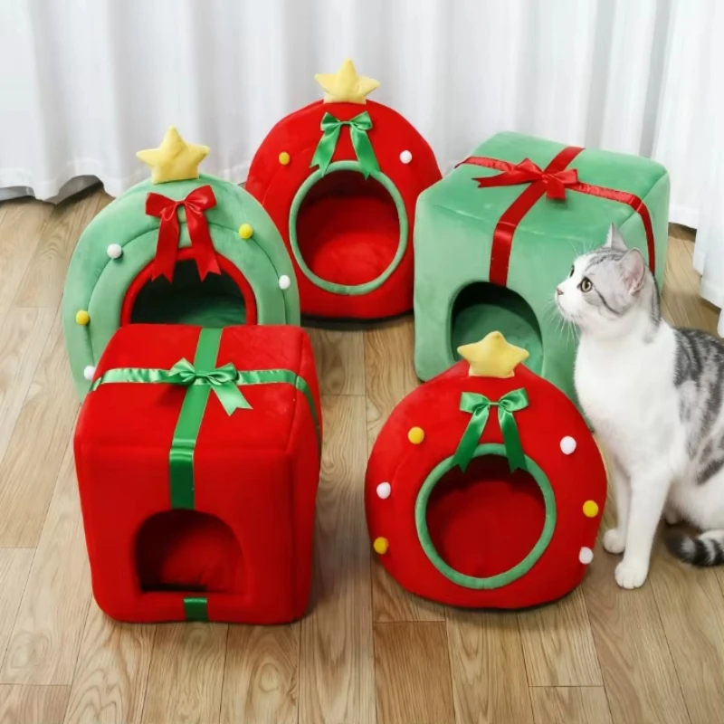 Autumn and winter warm pet nest new Christmas tree teddy pet bed solid cat nest kennel cloth gift box cat house pet supplies