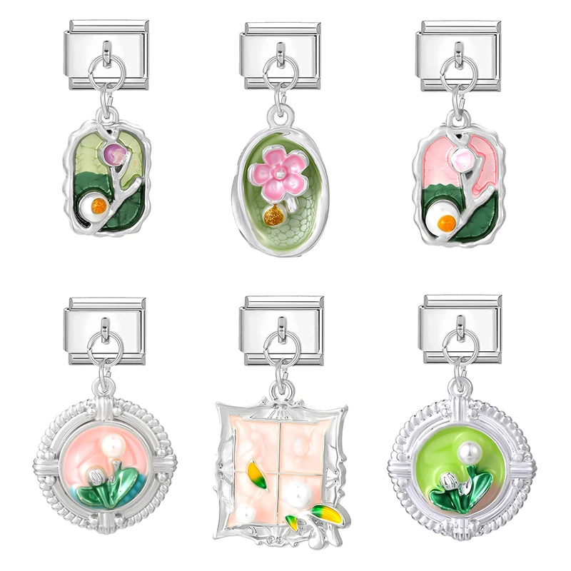 جديد خمر اللوحة الزهور جولة ختم قلادة الإيطالية سحر ربط صالح 9 مللي متر الفولاذ المقاوم للصدأ سوار المرأة DIY بها بنفسك صنع #3