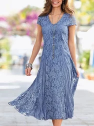 Vestido con Apliques de encaje para madre de la novia, manga corta con cuello en V, largo recto, plisado, elegante, Formal, para fiesta de boda, 2023