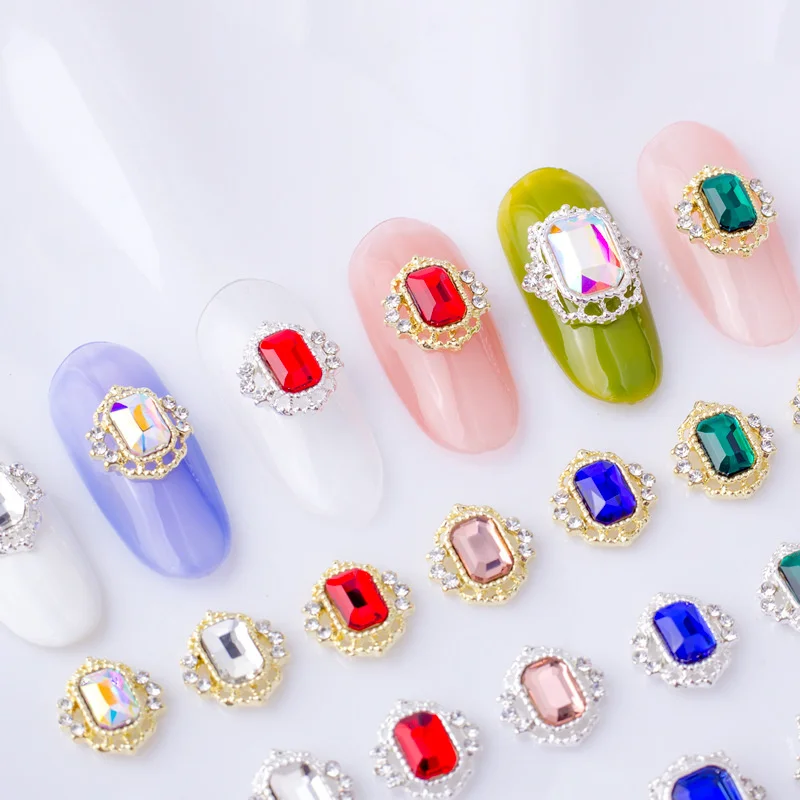 10pcs Luxury Nail Charms Jewelry Parts Flatback Nail Art Rhinestone Alloy Crystal Rectangle Gems Stones For Manicure Decoration