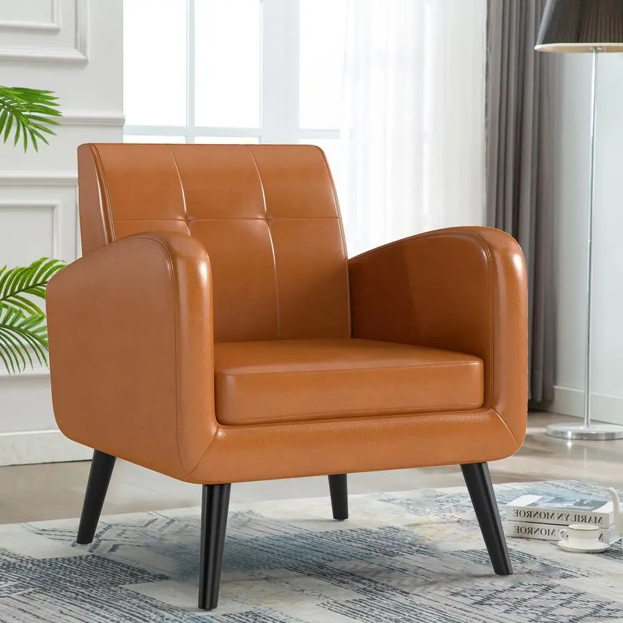 

Акцентное кресло, современные стулья для гостиной из искусственной кожи, удобные мягкие кресла, одиночный диван-кресло с ножками из массива дерева для квартиры