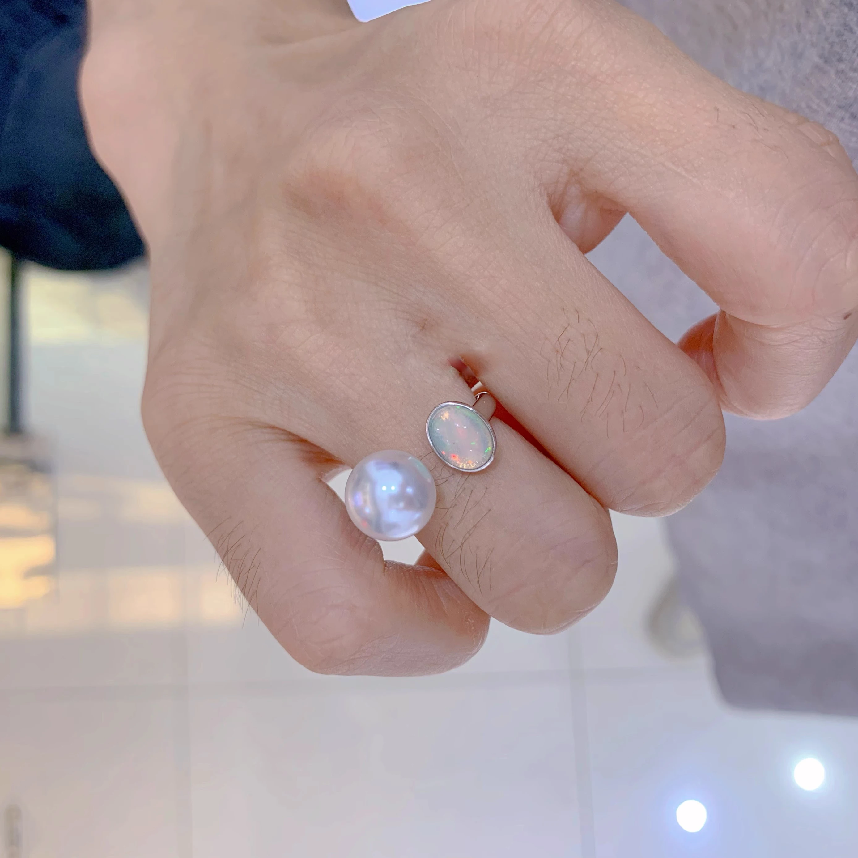 MeiBaPJ 9-10mm Natural Round Freshwater Pearl Fashion Opal Ring 925 Sterling Silver Fine Wedding Jewelry for Women