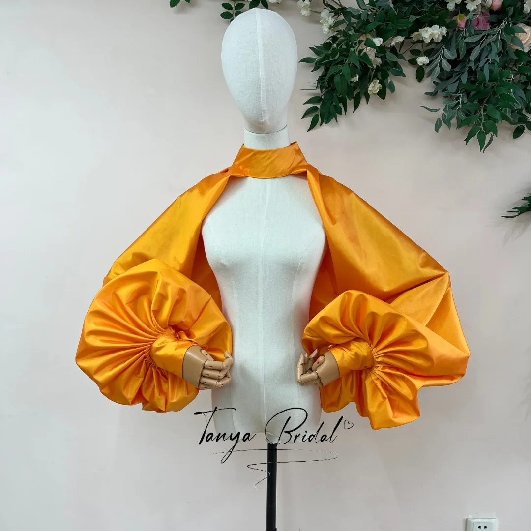 orange-taffeta-high-neck-bolero-jacket-giant-puff-sleeve-back-button-cape-shrug-wedding-evening-dress-cover-up