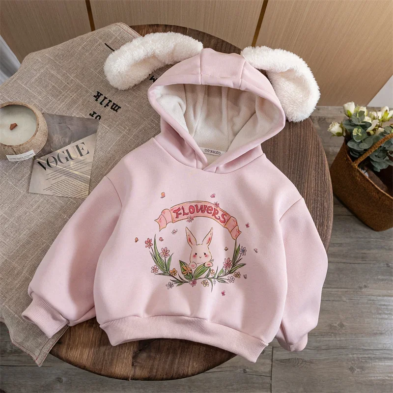 Girls Hoodies Winter Thicken Pullovers for Kids Plus Velvet Children Jackets Rabbit Ear Toddler Outerwear Baby Sweater Clothing