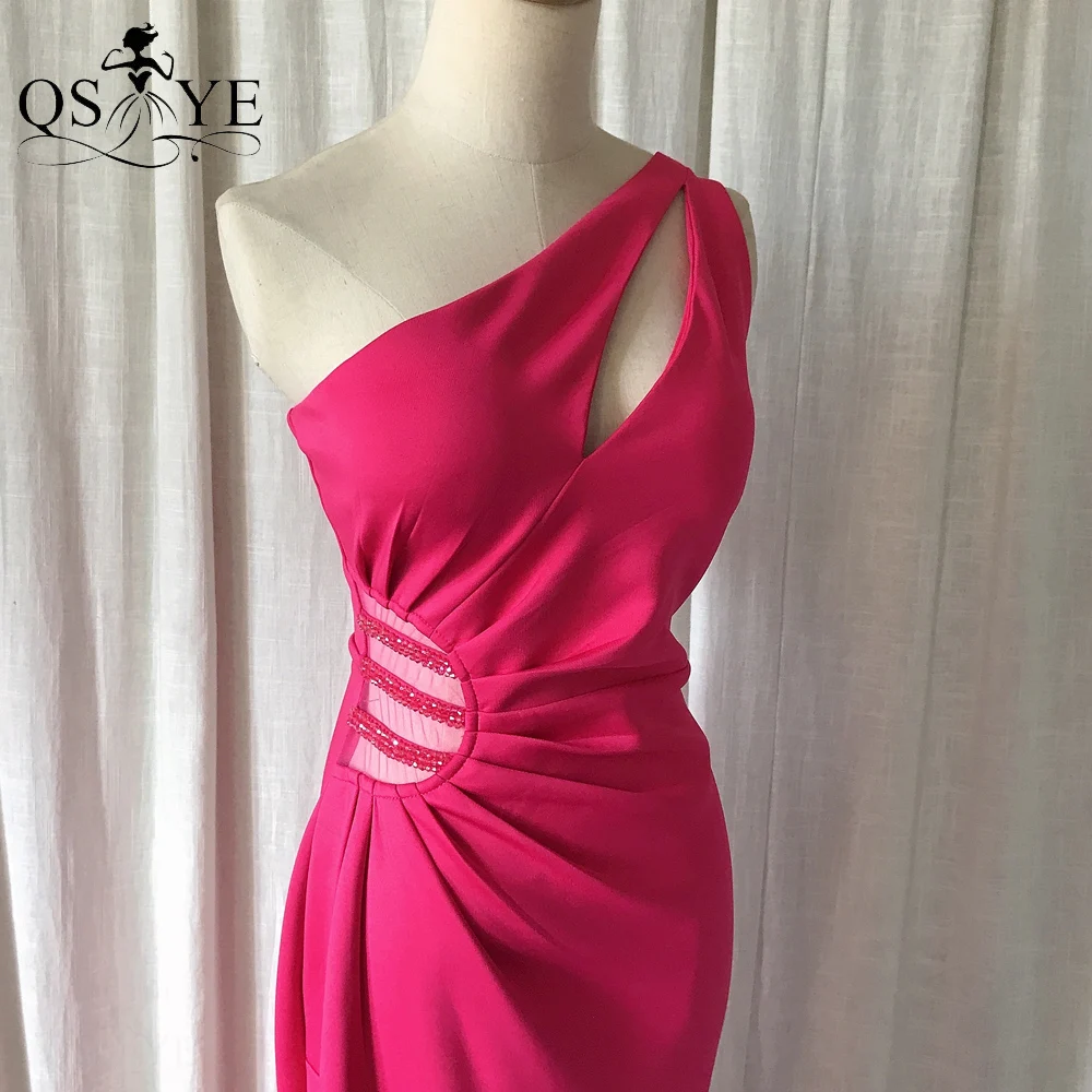 One Shoulder Magenta Prom Dresses Sexy Split Party Gown Formal Beaded Waistline Elegant Ruched Woman Evening Dress Bridesmaid