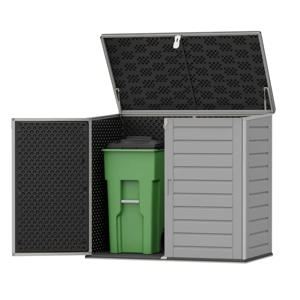 

Storage Shed, Horizontal Trash Can Storage for 2 Bins, 304 Gallon DoubleWall Resin Garbage Shed with WoodGrain Texture, Smooth