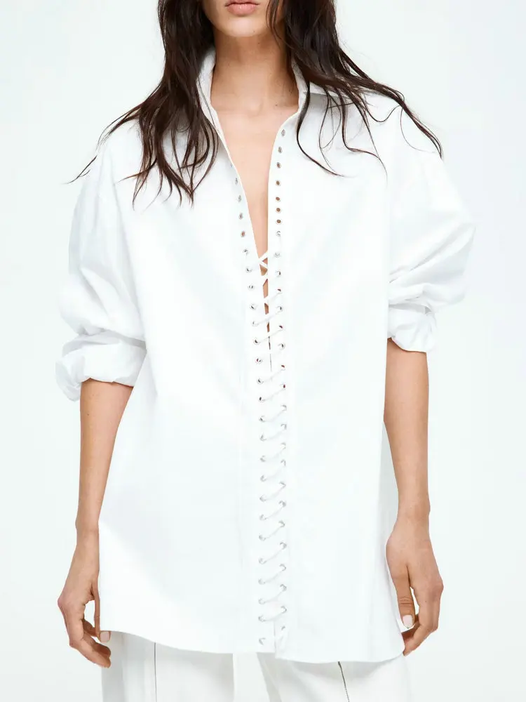 

2025 Summer Women's American Retro Loose Oversize White Blouses Lady Luxury Elegant Lace-up Turn-down Collar Shirts Streetwear
