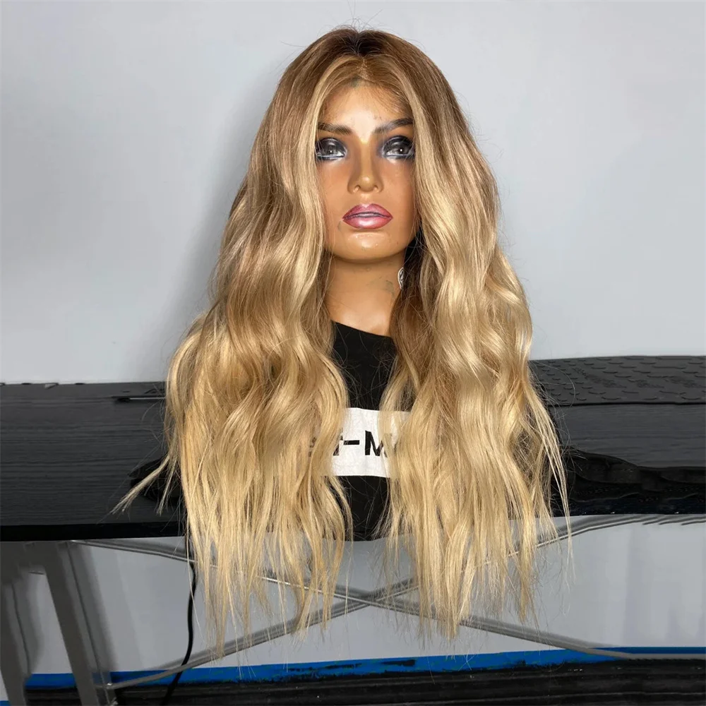 Synthetic Wig Wavy Lace Long 28 Inch Middle Part Heat Resistant Fiber Golden Blonde Colorful for Women Lady Girl Daily Party Use