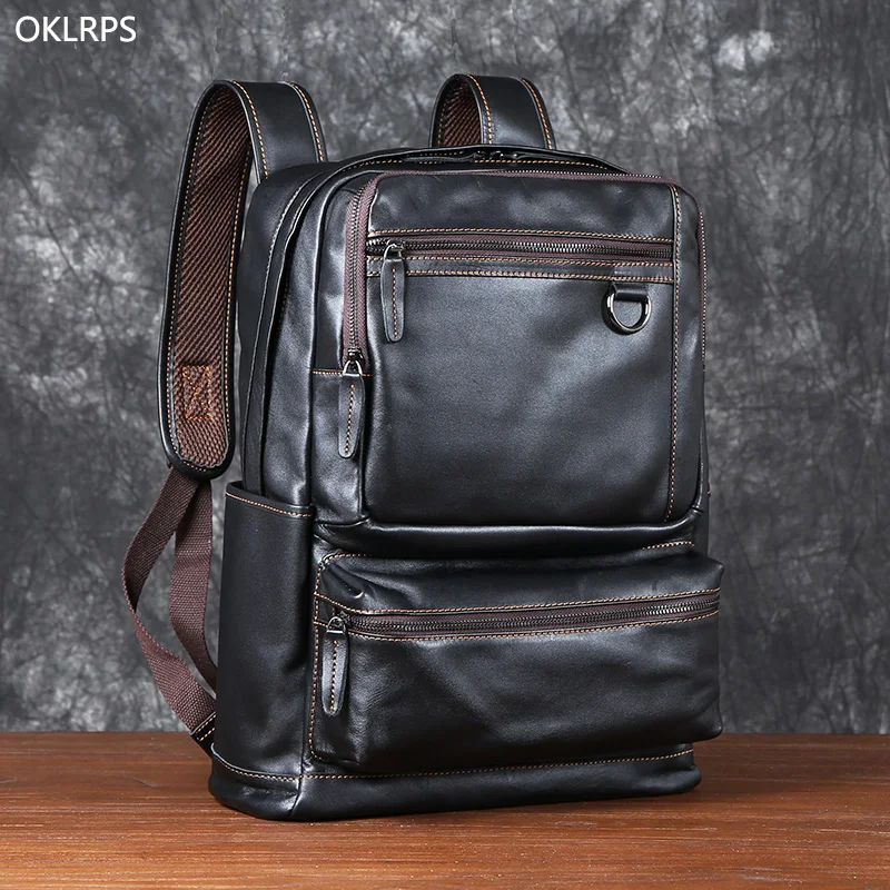 

Men's Leather Double Shoulder Baothead Layer Cowhide Backpack Large Capacity Travel Bag Leisure School Bag Simple Computer Bag