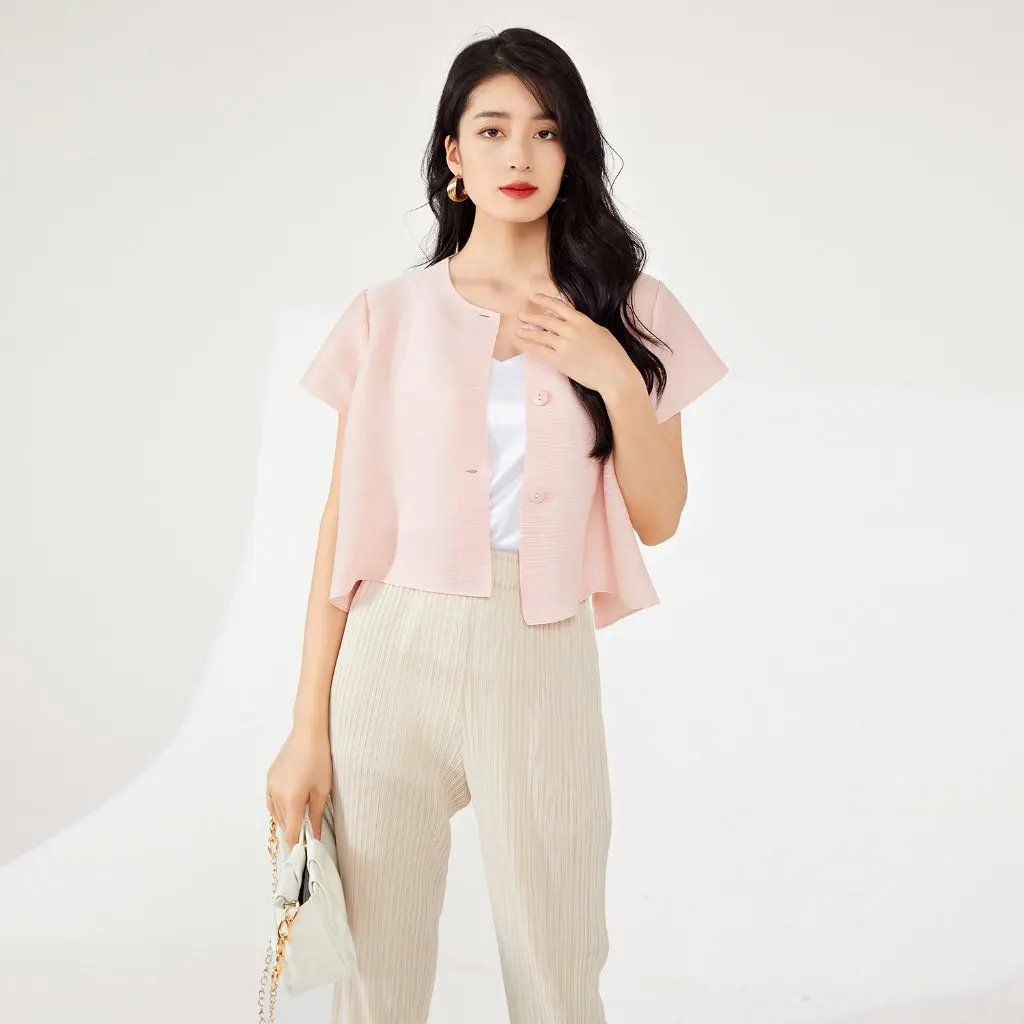 

Miyake High-End Women's Short Cardigan Solid Color Single-Breasted Western Style T-Shirt All-Match High Quality Jacket