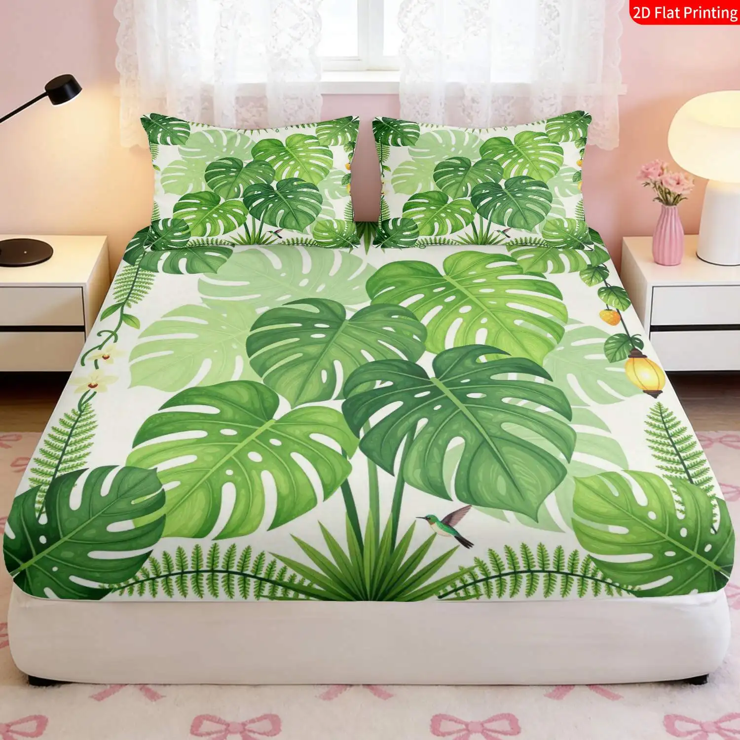 Tropical plant style, Malaysian leaf-themed bedding, bedroom decoration, 2D digital print three-piece bedding set (includes 1 fitted sheet + 2 pillowcases), 3-piece set, large-capacity deep pocket 2D printed fitted sheet and 2 pillowcases, mattress protector, fitted elastic style, protective cover, mattress protector, machine washable design, holiday decoration, various sizes, breathable protective cover with pillowcases
