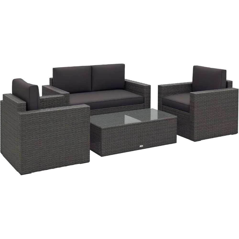 

4 Piece Wicker Patio Furniture Set with Cushions, Outdoor Sectional Furniture with 2 Sofa, Loveseat, and Glass Top Coffee Table