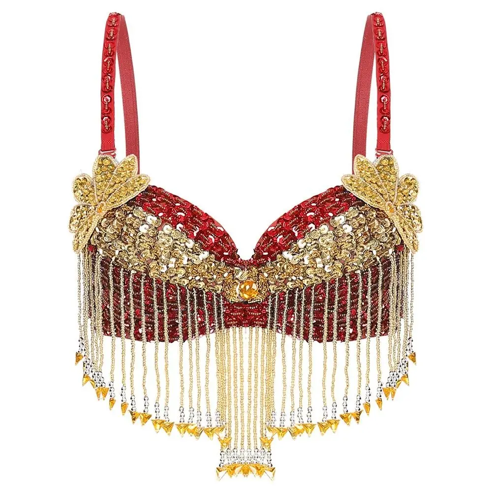 Nappe con perline Top di danza del ventre Cinghie regolabili lucide Reggiseno con paillettes Stage Nightclub Reggiseno con ferretto per Tailandia/India/Arabo