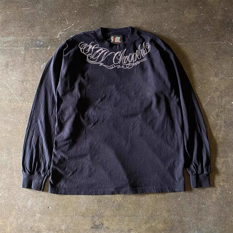 90年代ヘビーウェイト300g純綿アメリカンレターハイストリートユニセックスオーバーサイズルーズ長袖tシャツファッショナブルレトロスタイル