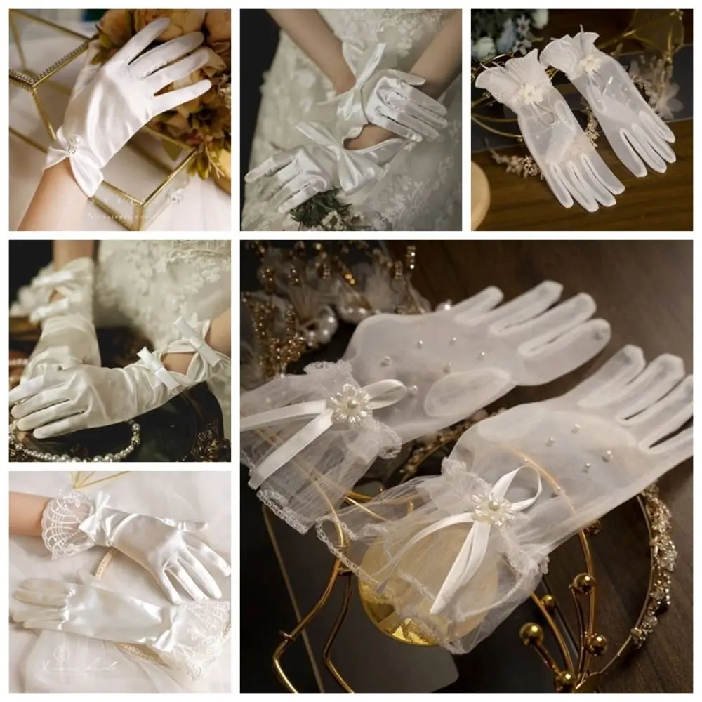 1 Pair Marie Cat Cos White Satin Gloves Wedding Short Glove Mesh Bow Knot Gloves Thin Elegant Lace Gloves Women Evening Party