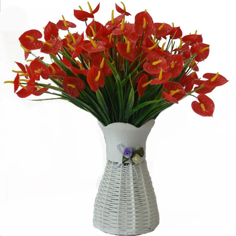 5pcs Artificial Flower Anthurium, Plastic Red Fake Bouquet Dining Table Indoor Tabletop Ornament