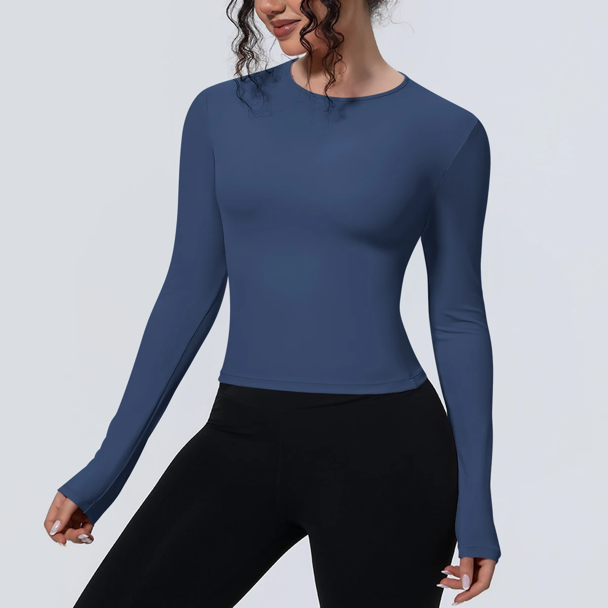 1 Stück Schlankes Casual Sommer Yoga Langarm-Oberteil für Damen, Fitness-Sport-Laufshirt mit Schnelltrocknung, Einfarbiges Trainingsshirt – Detail 26