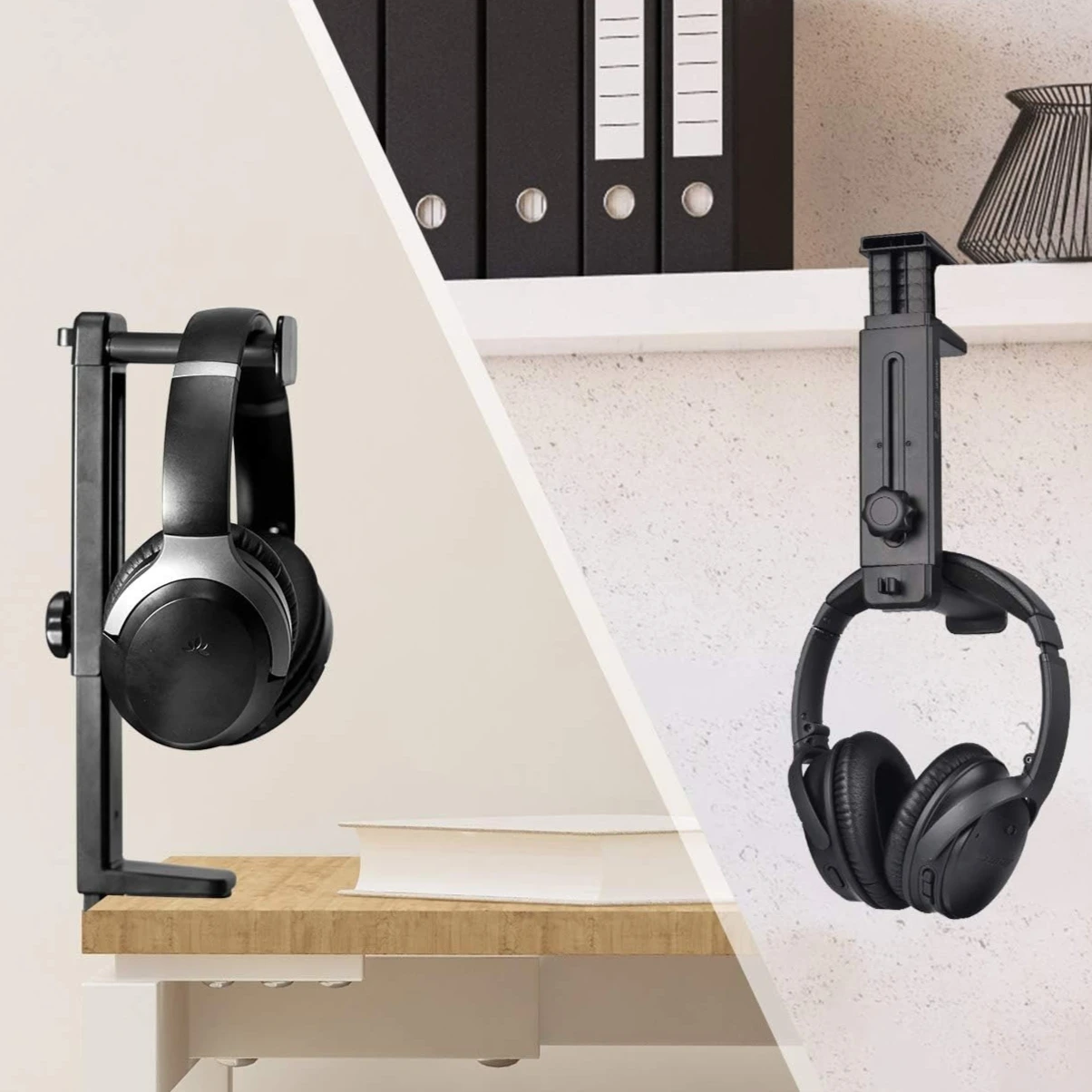 Multifunctional Rotating Clamp Headphone Stand, 2-in-1 Adjustable Desk Mount with Cable Organizer, Space Saving Design