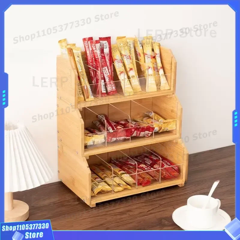 Eco Friendly Bamboo Square Tea Bag Storage Box 3 Layer Foldable Wooden Organizer for Coffee Sugar Packets Kitchen Cabinet