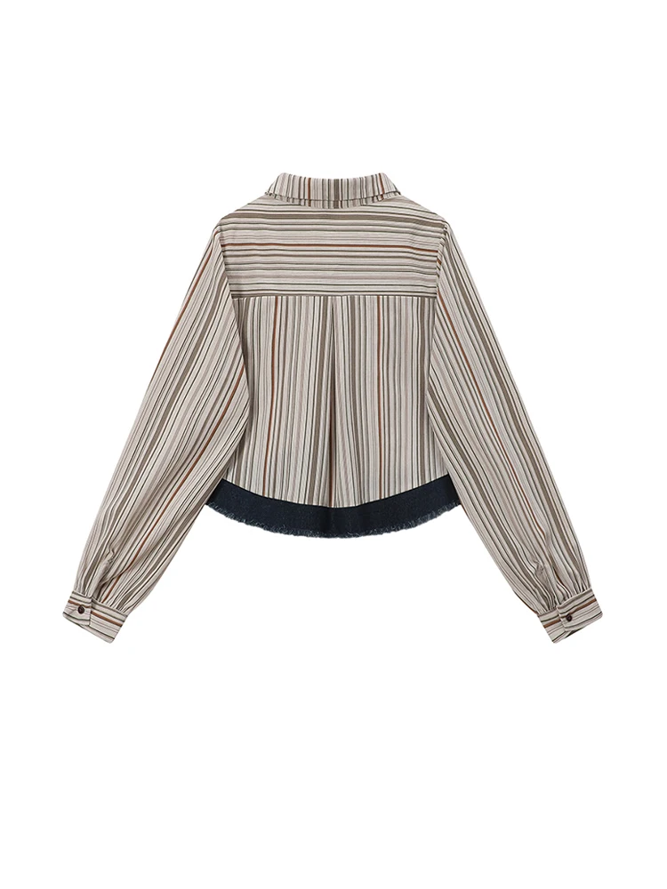 Women Patchwork Brown Striped Shirts Blouses 90s Aesthetic Y2k Vintage Harajuku 2000s Elegant Long Sleeve Shirts Clothes Autumn