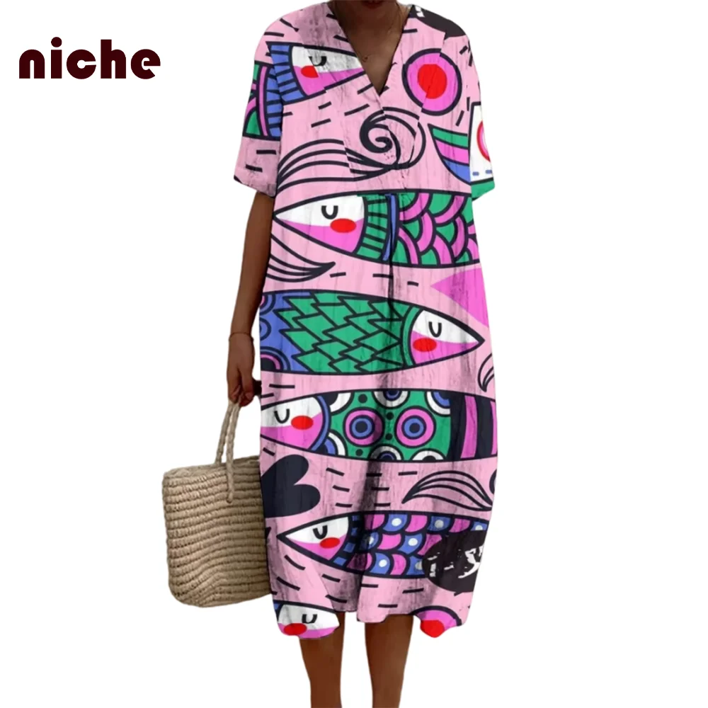 Cartoon Hand-Painted Fish Graphic Printing Women's Skirt Cotton And Linen High Quality Loose V-Neck Soft Trend New Long Dress