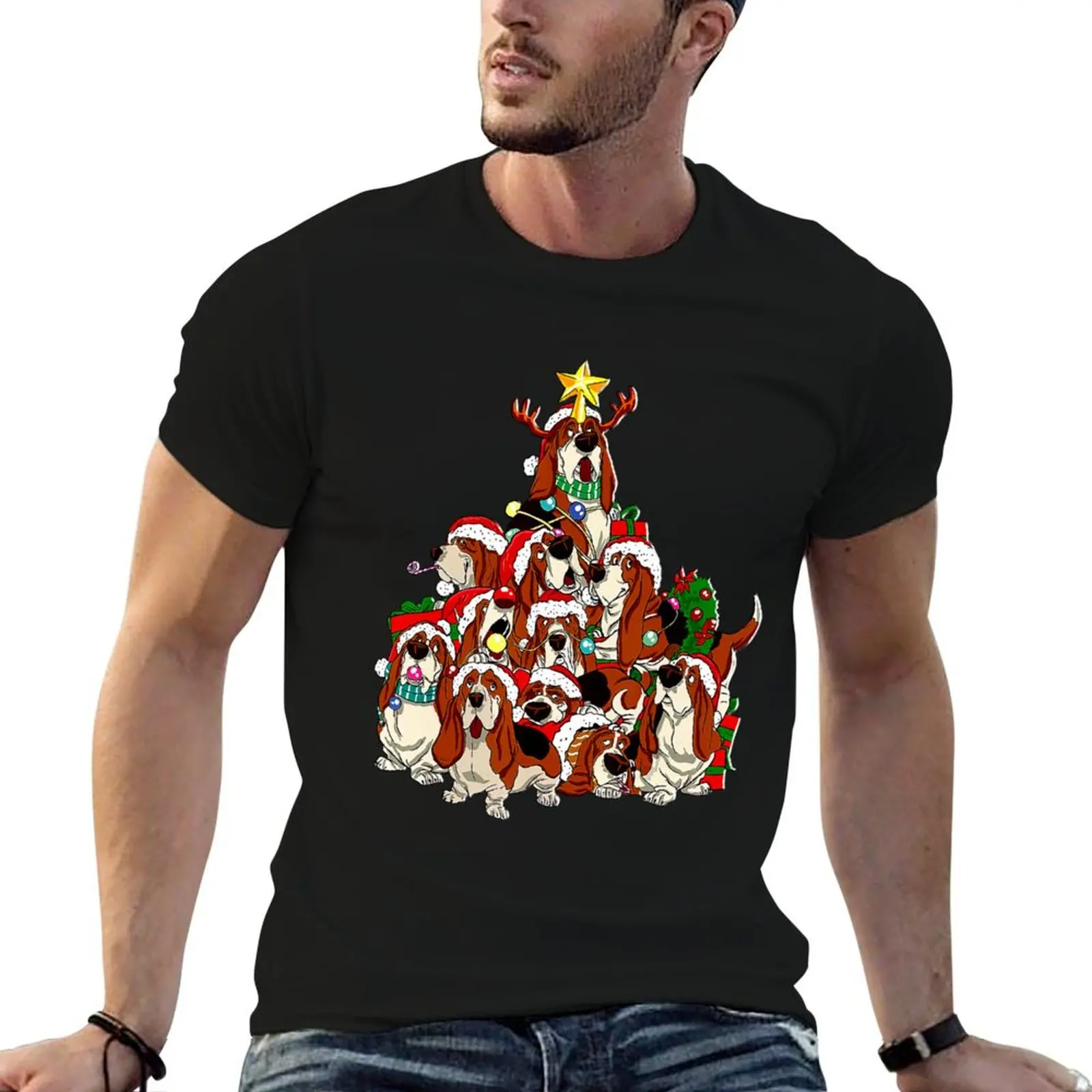Basset Hound Christmas Dog Tree Dog Santa Xmas Gifts T-Shirt Casual Fashion Short Sleeve Cotton T-Shirt