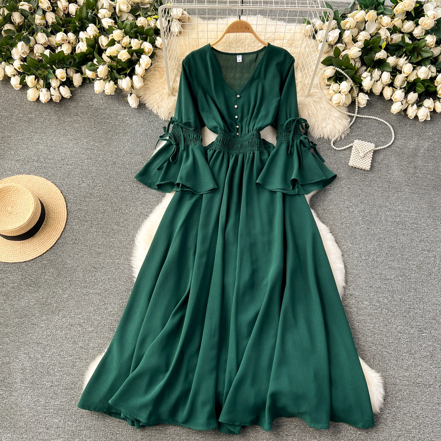 Vintage Elegant Pleated V-neck lare Sleeve Print Dress A-line Fashion Beach Spring summer Vestidos Women Belt sweet Dresses