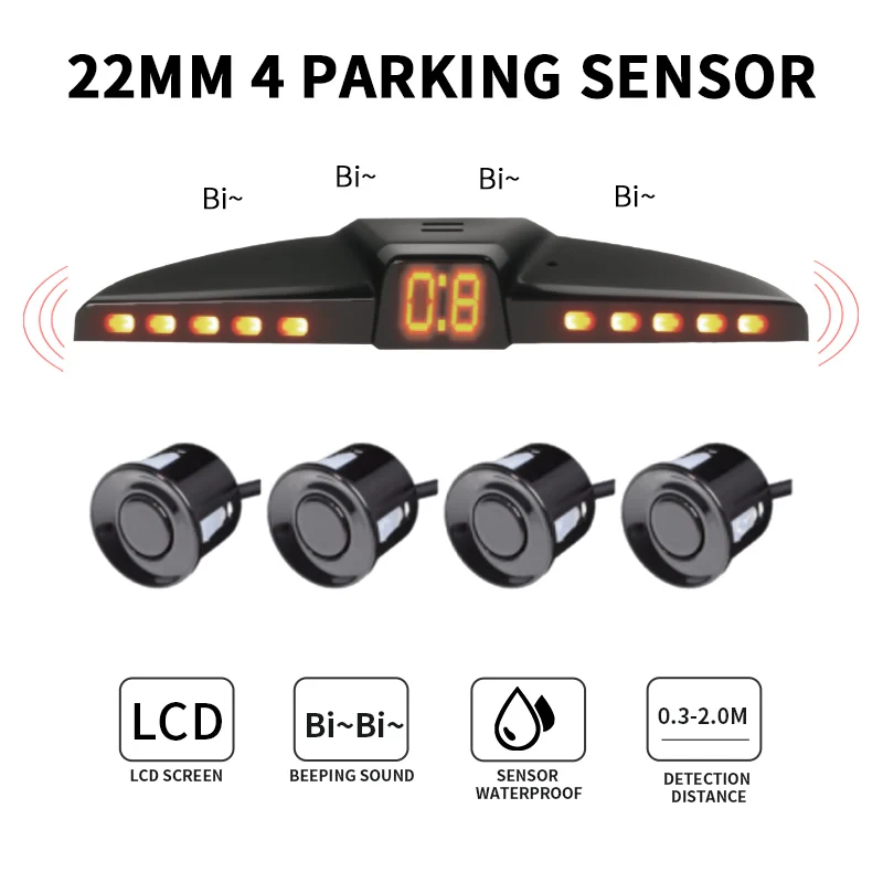 Universal 22mm 4 Parking Sensor System LED Digital Display Beeping Alarm Waterproof 12V for Car Reversing Safety